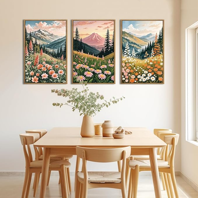 ANHUIB Colorful Landscape Wall Art 16x24 Inch Abstract Mountain Forest Wall Decor Wildflower Blossom Artwork Nature Scenery Painting Set of 3 for Living Room Bedroom Dining Room