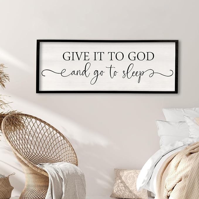 Surfapans Give It To God And Go To Sleep Sign Wall Decor Above Bed 40"x15" Master Bedroom Guest Room Over Bed Wood Rustic Framed Wall Art (Black)