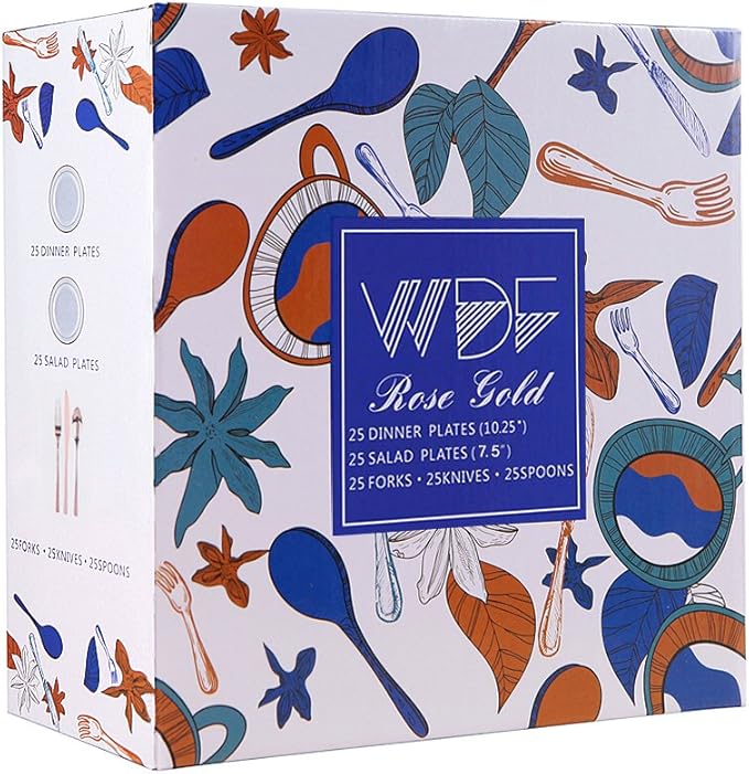 WDF-125PCS Rose Gold Plastic Silverware&Disposable Plastic Plates - Disposable Plates include 25 Dinner Plate,25 Salad Plate,25 Forks, 25 Knives, 25 Spoons for Wedding, Party