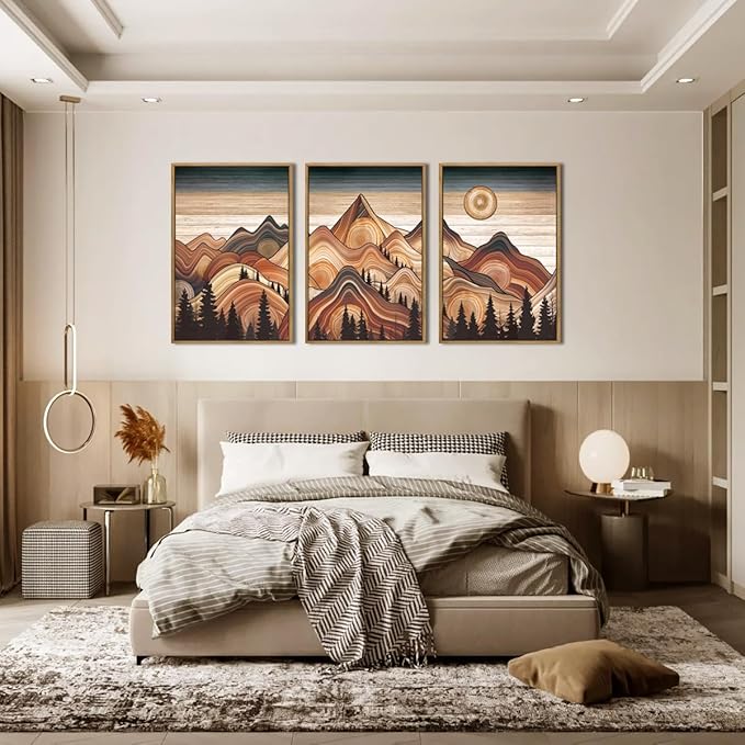 IARTTOP Large Mountain Framed Canvas Wall Art 16x24 Inch Vintage Mountain Landscape Art Prints Set of 3 Abstract Nature Scenery Wall Decor for Living Room Bedroom Office