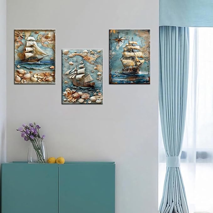 Nautical Boat Canvas Wall Art Abstract Ocean Creatures Seashell Starfish Poster Print Vintage Picture Painting Artwork for Modern Home Bedroom Bathroom Wall Decoration Ready to Hang [36''W x 16''H]
