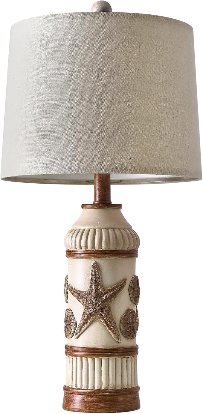 OYEARS 24“ Table Lamp for Bedroom, Boho Table Lamp for Living Room, Bedside Nightstand Lamp, Coastal Nautical Lamp with Starfish Conch Pattern for Decor, End Table, Vintage Retro Beach, Off White