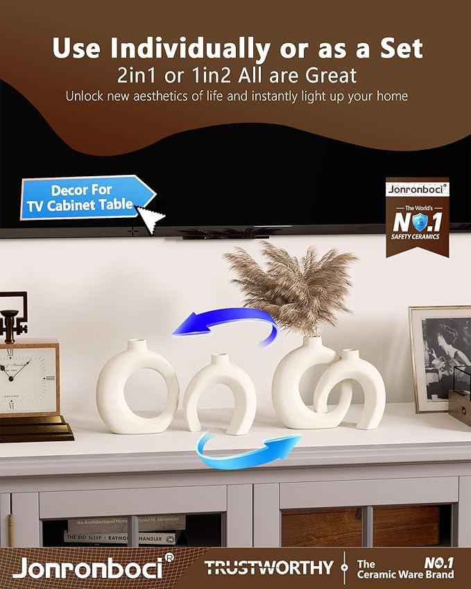 Beige Donut Vases for Decor, Set of 2 Modern Boho Decorative Ceramic Vase 7.2”x 8.9”H - Dining & Coffee Table Centerpiece - Bookshelf Entryway Console Fireplace Mantle Decorations (Matte Cream White)