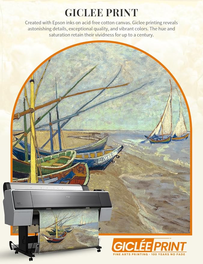 DECORARTS - Vincent van Gogh's Boats at Saintes-Maries. Museum-Quality Giclee Print on Cotton Canvas, Gold Wood Frame with Ornate Detailing, Framed Size: 34.75x28.75, Made in USA