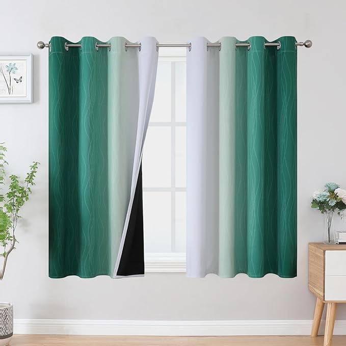 Estelar Textiler Green and Greyish White Blackout Curtains 45 Inch Length, Full Light Blocking Gradient Drapes for Kitchen, Thermal Insulated Grommet Ombre Curtains for Bathroom, 52Wx45L, 2 Panels