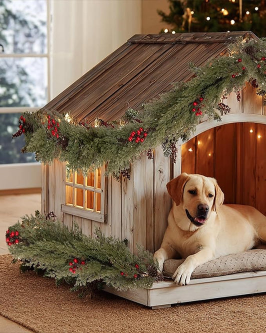 6FT Christmas Garland with Pinecones Red Berries, Artificial Faux Pine Garland, Soft Bendable Cedar Garland for Table Mantel Wall Stairs Railing Indoor, Outdoor Xmas Decorations, Winter Holiday Decor