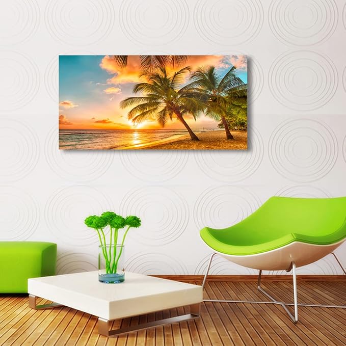 Beach Themed Wall Art Canvas Prints Seascape Picture Bathroom Décor Ocean Tree Sunset Paintings for Living Room Bedroom Office Home Kitchen Decorations Natural Landscape Artwork 20x40 Inches