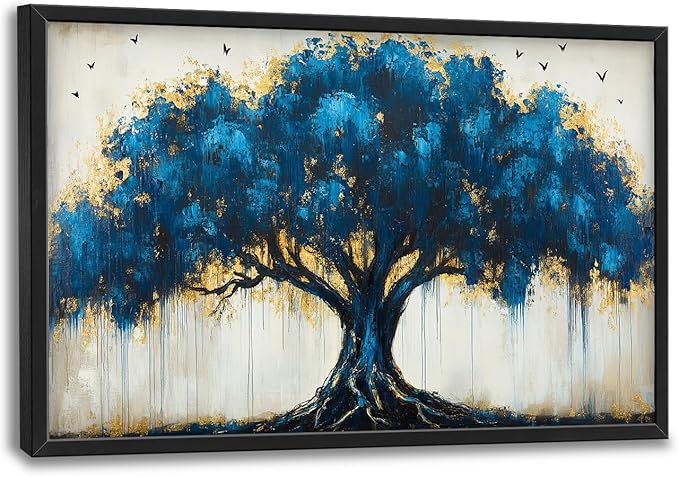 Olivine Tree Large Wall Art, Tree Of Life Pictures Wall Decor, Blue Tree Canvas Prints Painting, Framed Artwork for Dining Room Living Room Bedroom Bathroom Office Home Decor 36"x24"