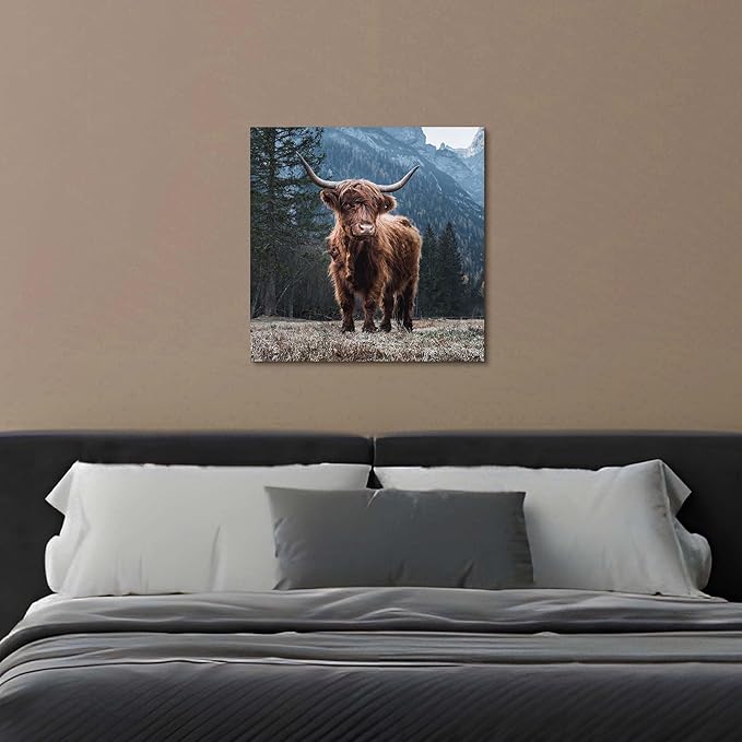Scottish Highland Cow Canvas Picture - Rustic Farmhouse Wall Art Wild Nature Cattle Portrait Artwork for Living Room Bedroom Office