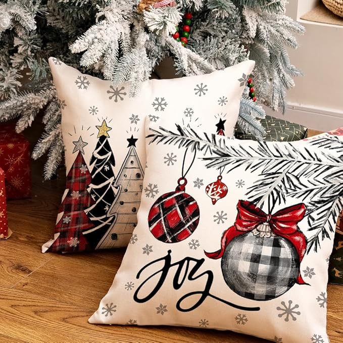 GEEORY Christmas Throw Pillow Covers 18 x 18 Inch Set of 4, Xmas Trees Merry and Bright Happy Holidays Farmhouse Decorative Cushion Cases for Home Decoration G418-18