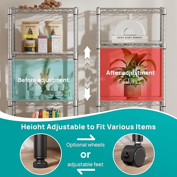 SINGAYE 4 Small Shelves Storage Shelf Wire Shelving Unit Metal Shelf Adjustable Organizers Storage Shelving with Wheels for Bathroom Laundry Room Kitchen Pantry