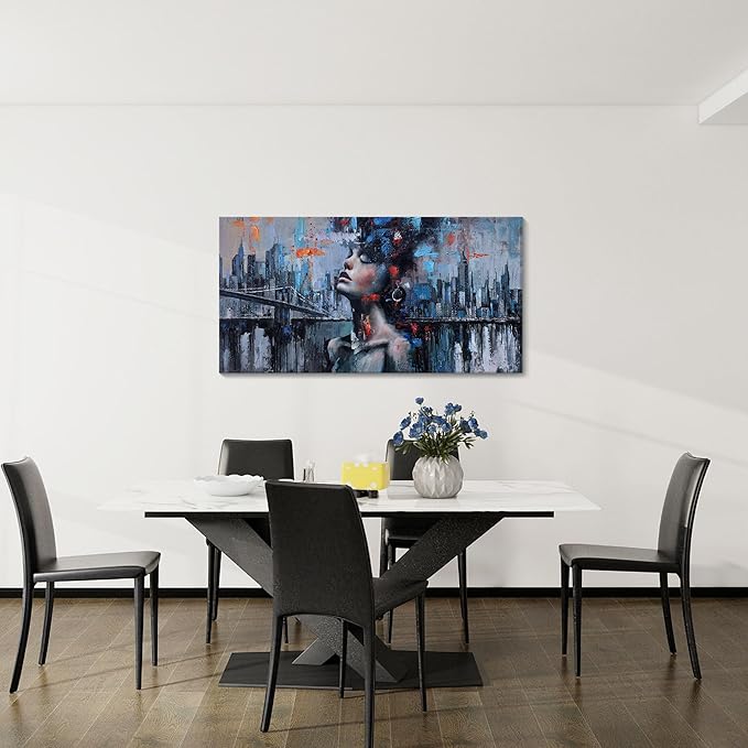 Navy Blue Abstract Wall Art Woman Picture for Living Room Modern Home Bedroom Decoration New York City Framed Cityscape Artwork Decor 20x40IN