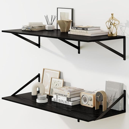 Fun Memories Floating Shelves for Wall, 12 Inch Deep Floating Shelves Set of 2, 36W x 12D Large Wall Shelf with Sturdy Metal Brackets for Living Room, Bathroom, Bedroom and Kitchen, Black