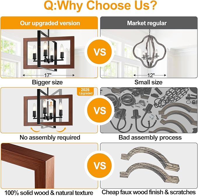 17" Farmhouse Reddish Brown Wood Chandelier, (4-Light, 17-Inch), Rustic Dining Room Light Fixtures Over Table, Adjustable Hanging Light Fixture for Kitchen, Living Room, Foyer, Entryway