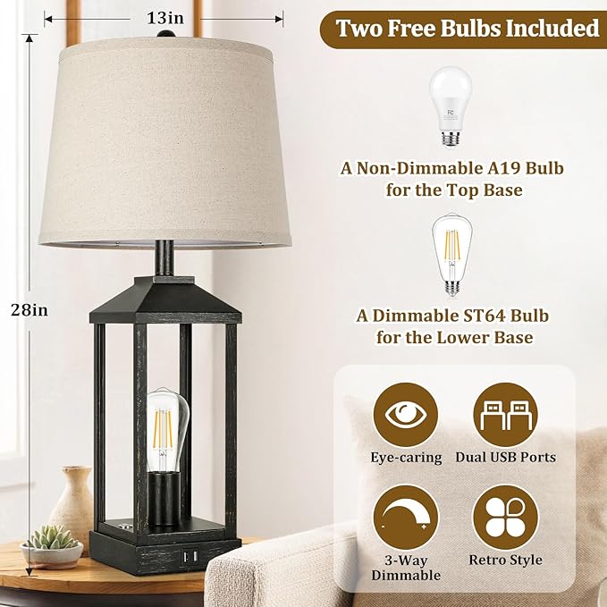 Brightever 28" Farmhouse Table Lamps Set of 2, Black Bedside lamp with USB Charging Ports, 3-Way Dimmable Touch Control Nightstand Lamps,Tall Table Lamp for Living Room, 4 Bulbs Included