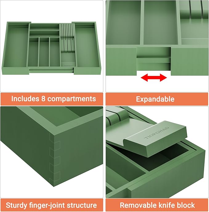 Bamboo-Silverware-Drawer-Organizer-Kitchen, Expandable Utensil Holder Cutlery Tray Flatware Organization Adjustable Wood Tableware Dividers Storage (with Removable Knife Block)(Grayish Green)