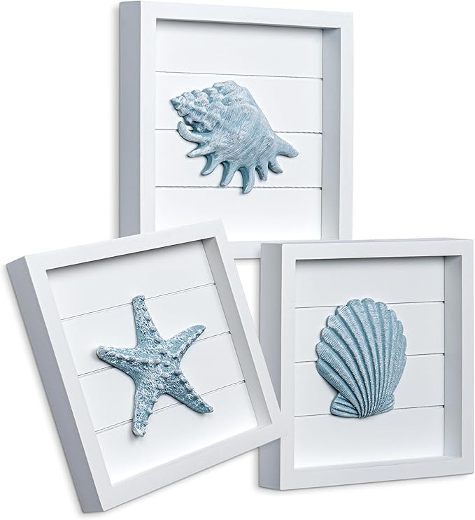 TideAndTales Blue Seashells and Starfish (Framed Set of 3) Coastal 3D Wall Art, Beach Wall Decor for Bathroom or Coastal Bedroom, Ocean Inspired Seaside Decorations for Home or Beach House (7"x7")