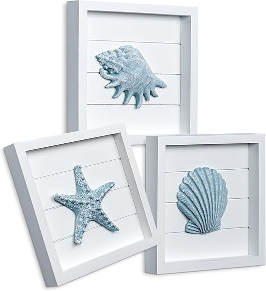 TideAndTales Blue Seashells and Starfish (Framed Set of 3) Coastal 3D Wall Art, Beach Wall Decor for Bathroom or Coastal Bedroom, Ocean Inspired Seaside Decorations for Home or Beach House (7"x7")