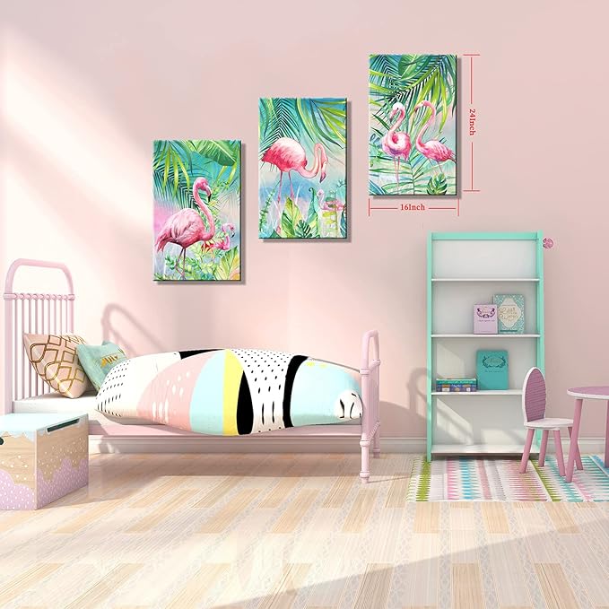 YUANAND Flamingo Wall Decor Animal Pictures - Palm Green Tropical Plant for Kids Girls Room Decor - Framed Posters Paintings Bedroom Decor