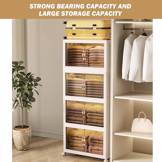 76 Gal Stackable Storage Bins with Lids and Double Doors Plastic 4 Tier Storage Box Collapsible Organizer with Wheels Large Folding Storage Containers for Home Organization 4 Pack 19gal x 4