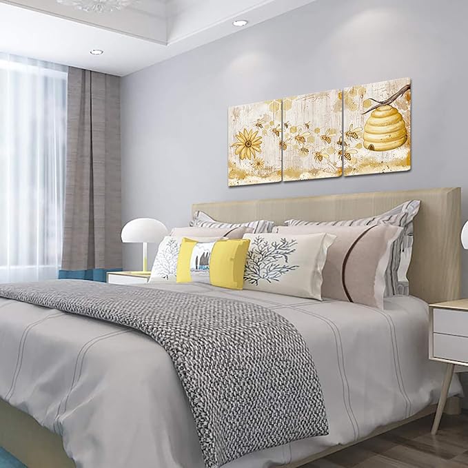 FuShvre Vintage Yellow Wall Art Honey Bee Canvas Painting Prints Kitchen Decor Bee and Flower Daisy Pictures for Famrhouse Wall Framed 16"x24" Each (Medium, White)