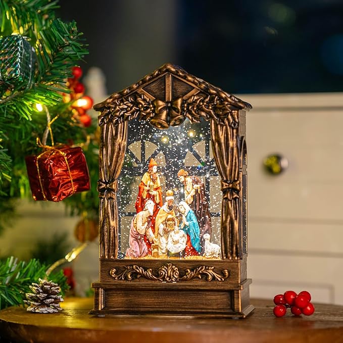 Christmas Snow Globe Lighted Manger Nativity Scene, Musical Window Water Lantern Play Silent Night Music in Swirling Glitter, Holiday Decorations Gifts for Family, Children or Friends