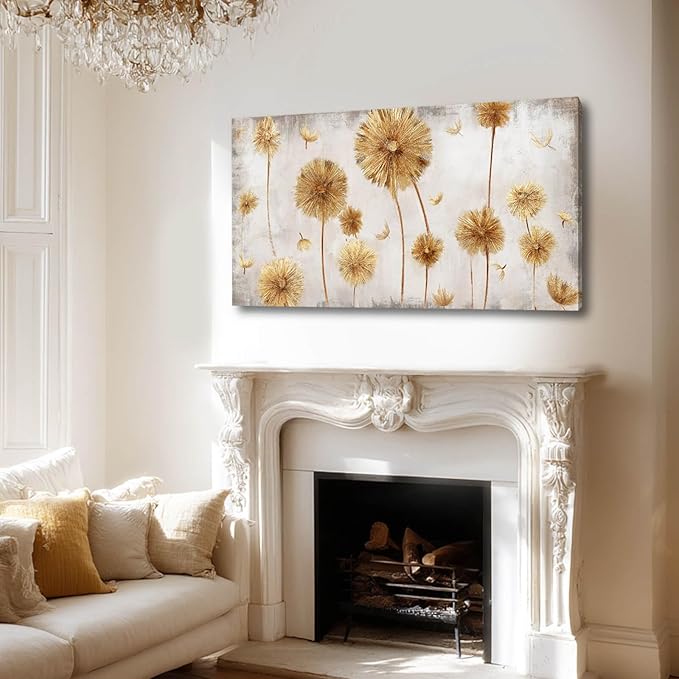 Framed Canvas Wall Art Gold Dandelion Wall Prints Living Room Artwork Grey Picture Wall Decor for Bedroom 20"x 40" Office Painting Home Decor