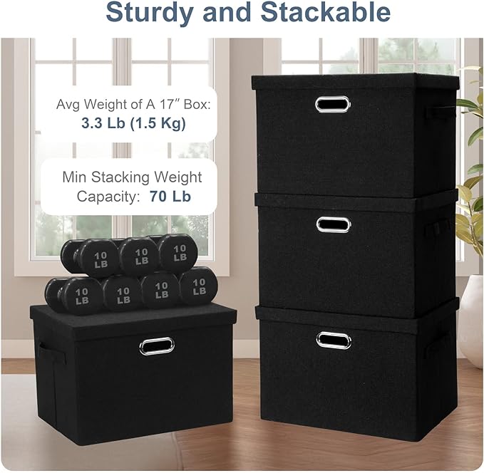 Large 17" 36 Quart Collapsible Stackable Storage Bins with Lids, 1 Pack Black Foldable Fabric Closet Storage Boxes with Lids, 4 Handles Heavy-duty Linen Cube Baskets for Bedroom