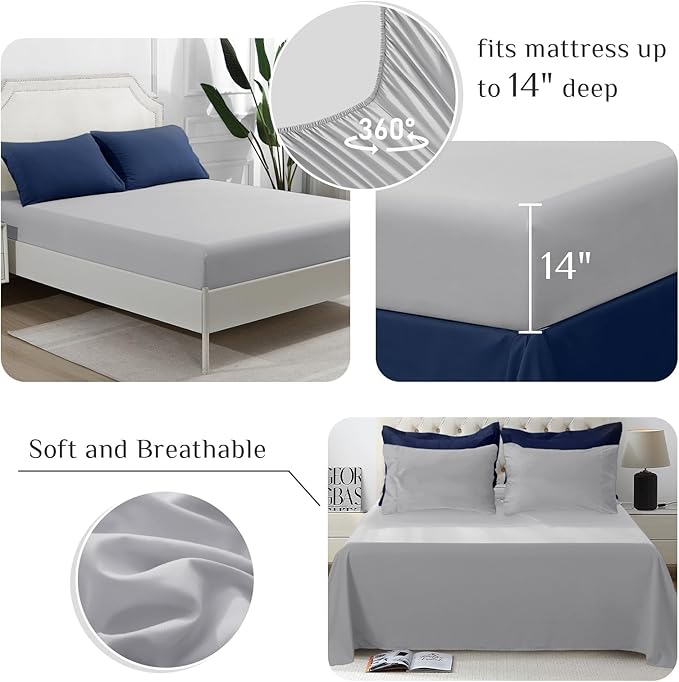 JOLLYVOGUE King Comforter Set, Ultra-Soft Bed in a Bag King Size 7 Pieces, Oeko-TEX Certified Bedding Set with Down Alternative Comforter, Sheets, Pillowcases & Shams, Navy Blue & Light Grey