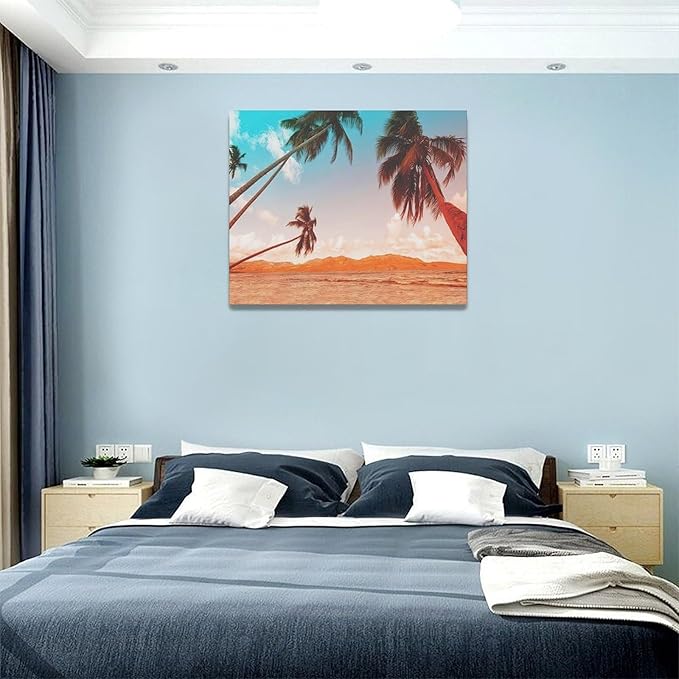 Large Beach Palms Wall Art Coastal Tropical Palm Tree Pictures Wall Decor Bathroom Ocean Nautical Canvas Painting Print Modern Home Decor Artwork Framed for Living Room Bathroom Master Bedroom 20"x16"