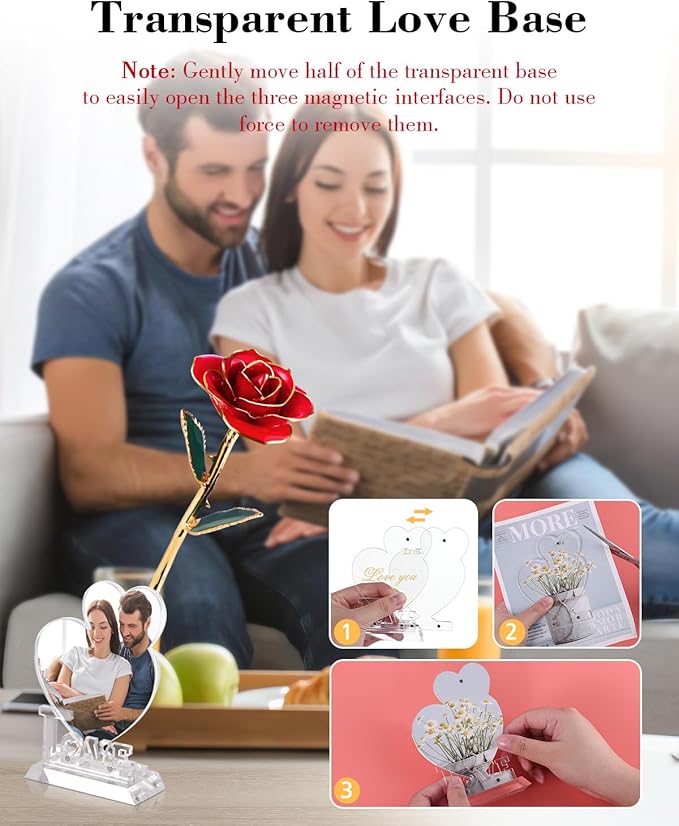 24K Gold Dipped Real Rose, Valentines Day Romantic Gift for Her, Eternal Preserved Red Forever Rose with Love Heart Stand, Anniversary Birthday Mothers Day Best Gift for Women Mom Wife Girlfriend