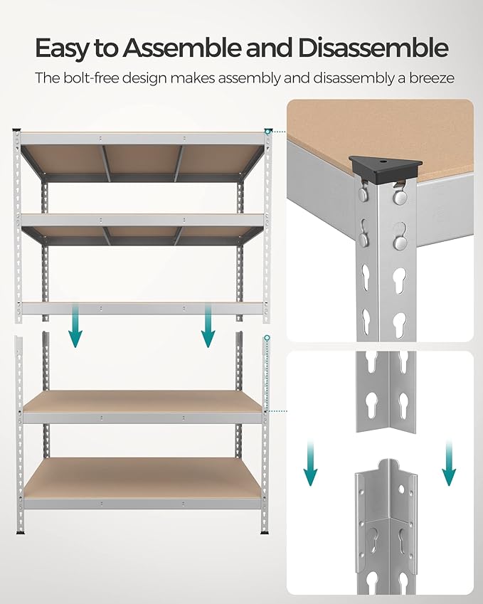 SONGMICS 5-Tier Storage Shelves, Load 2310 lb, Garage Storage, Boltless Assembly, Adjustable Shelving Unit, 23.6 x 47.2 x 70.9 Inches, for Study Shed Basement, Silver and Natural Beige UGLR600E01