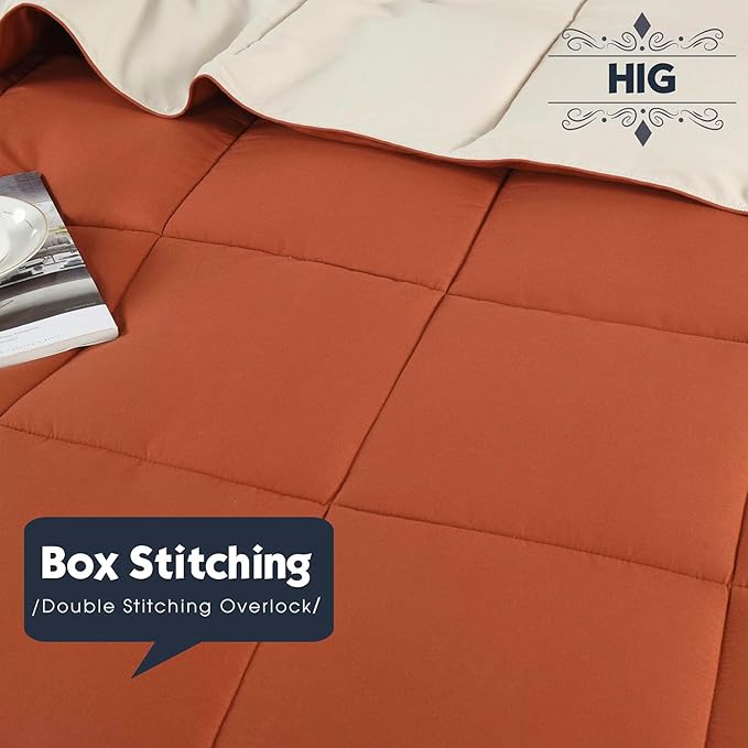 HIG 3pc Burnt Orange King Size Comforter Set - All Season Reversible Down Alternative Comforter with Sham - Quilted Duvet Insert with Corner Tabs - Box Stitched - Breathable, Soft, Fluffy