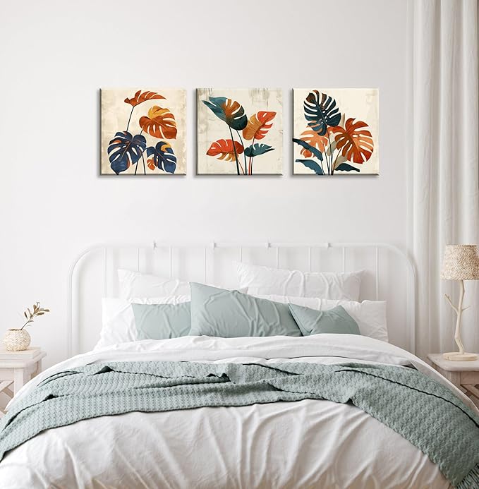 NAN Wind 3Pcs Modern Mid-century Abstract Tropical Monstera Leaf Canvas Art Orange and Blue Botanical Wall Print Minimalist Wall Decor Tropical Leaves Framed Wall Art for Contemporary Home Decor