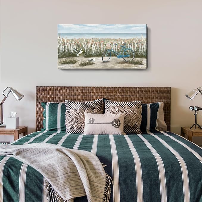 Canvas Wall Art for Living Room Boho Beach Coastal Floral Print Seaside Blue Bicycle with Pink Flowers Seagull Seascape Painting Seashore Wildflower Landscape Vintage Farmhouse Decor Artwork 48x24inch
