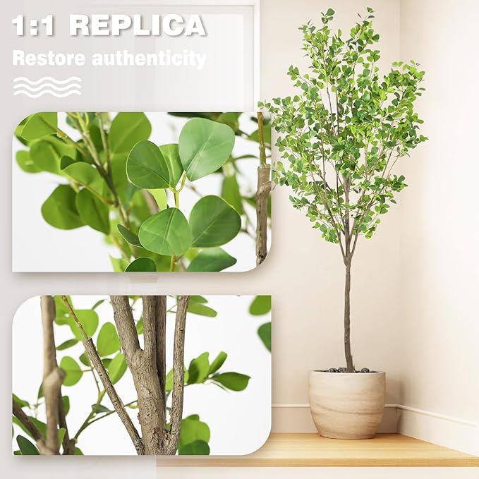 Faux Ficus Tree 7.5ft(90in) Artificial Floor Plant for Indoor Decor Realistic Potted Tree with Texture Silk Leaves and Natural Wood Trunk for Home Living Room,Office Perfect Housewarming Gift