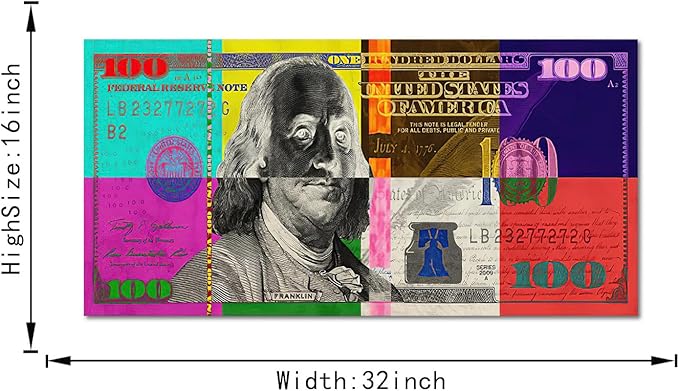 Yatsen Bridge Vivid Colorful 100 USD Artwork Abstract Creative Benjamin Franklin 100 Dollar Bill Color Blocks Canvas Paintings Wall Art HD Print Modern Home Office Decor Gallery Wrapped Easy to Hang