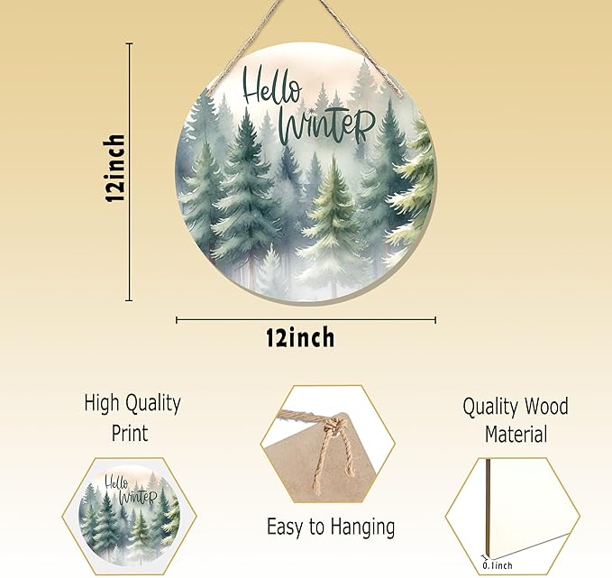 CGBHW Hello Winter Welcome Forest Wooden Sign, Winter Farmhouse Pine Trees Holiday Seasonal Decoration Hanging Sign Wall Decor, Rustic Christmas Wooden Sign for Home Office Nursery Door Decor 12 x 12 Inch