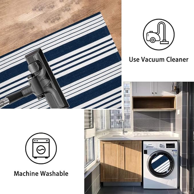 OJIA Blue and White Outdoor Rug 3’x5‘ Cotton Woven Fall Striped Front Porch Rug Machine Washable Indoor Outdoor Rugs Farmhouse Entry Rug Layered Door Mat for Entryway/Kitchen/Laundry/Living Room