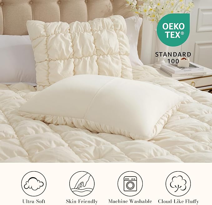 Amelie Home Beige Bubble Comforter Set King Size, 3 Pieces Ultra Soft Cozy Bedding Set for All Seasons, Farmhouse Luxury Gift for Women Home Decor, 106 x 90 inches