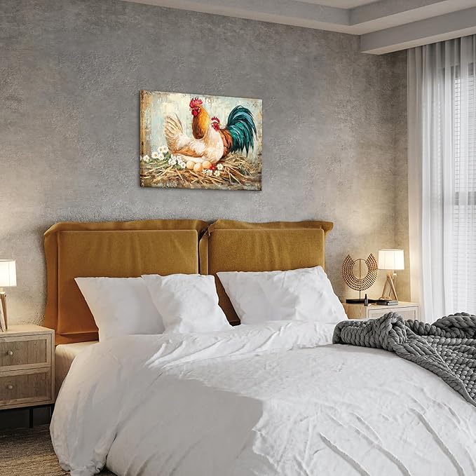 KREATIVE ARTS Farmhouse Chicken Picture Canvas Wall Art for Kitchen Dining Room Rustic Rooster with Fresh Eggs Framed 24x32 Inch Hen and Hatching Chicks Painting Ready to Hang