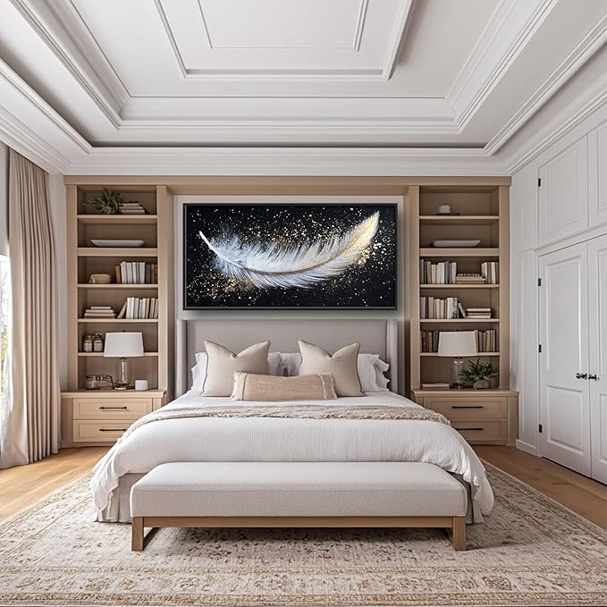 Flintis Large Feather Framed Wall Art White and Gold Feather Pictures Wall Decor Abstract Modern Canvas Painting Print Artworks Decor Framed for Living Room Bathroom Master Bedroom 60L X 30W