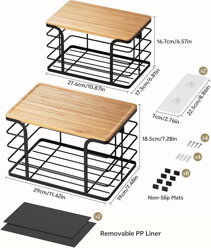 2 Pack Potato and Onion Storage Bin,Stackable Pantry Organizers and Storage with PP Liner and Bamboo Top,Kitchen Organization Counter Basket for Fruits,Produce,Vegetable, Black