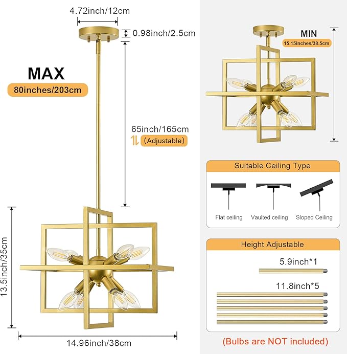 Small Modern Lantern Chandeliers,Geometric Gold Pendant Light Fixture,8-Light Industrial Hanging Chandelier for Dining Room, Living Room,Kitchen, Bedroom, Foyer, Hallway, UL Listed