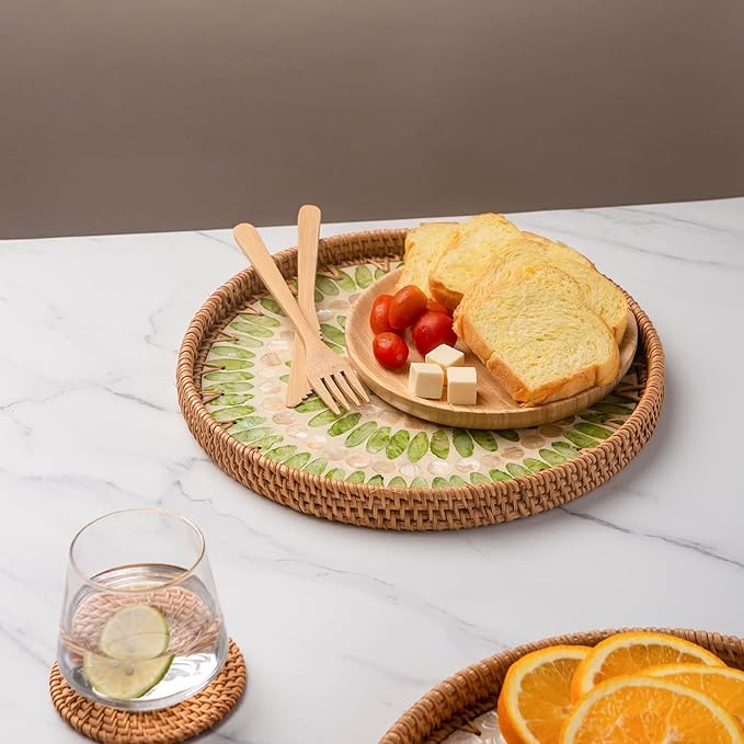 11.8' Wicker Round Rattan Mother of Pearl Serving Basket Tray for Décor Coffee Table | Large Boho Circle Woven Decorative Trays for Outdoor, Home, Kitchen Display (Neon Green)