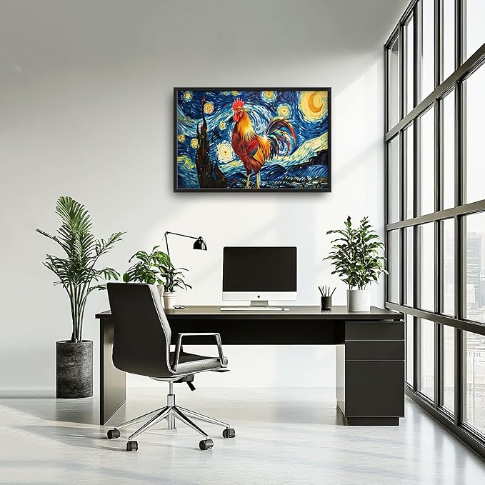 Flintis Large Rooster Wall Art Starry Sky Night Chicken Pictures Wall Decor Abstract Animal Canvas Painting Print Artwork Decoration Framed for Living Room Bathroom Master Bedroom Office 36L x 24W