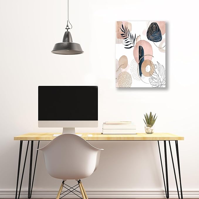 Boho Wall Art Prints, Boho Wall Decor, Abstract Pink and Navy Blue Botanical Design Minimalist Art, Natural Framed Canvas Prints Artwork For Living Room Bathroom Bedroom Wall Decor 12"x16"