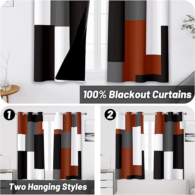 Burnt Orange 100% Blackout Curtains for Bedroom 45 inch Length 2 Panels Set White Grey Modern Abstract Geometric Fall Black Out Curtains Insulated Room Darkening Small Window Curtains, 42Wx45L
