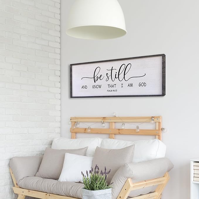Surfapans Be Still and Know that I am God Wall Decor 40"x15" Large Farmhouse Family Living Room Vintage Religious Bible Verses Entryway Sign Wood Framed Scripture Hallway Hanging Wall Art (Black)
