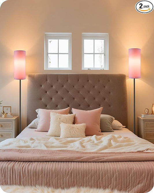 2 Pack Dimmable Pink Floor Lamps for Living Room with 2 Remotes and Foot Switch, Corner Floor Lamp, 64.4'' Standing Tall Lamp, 10W 900LM Bulb Included, 3000K-6500K, Linen Shade, FCC Listed P06LDP205W1